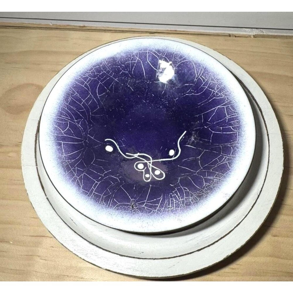 Gerte Hacker Copper Enamel Plate Purple White Faint Signature 5.75" MCM Vintage